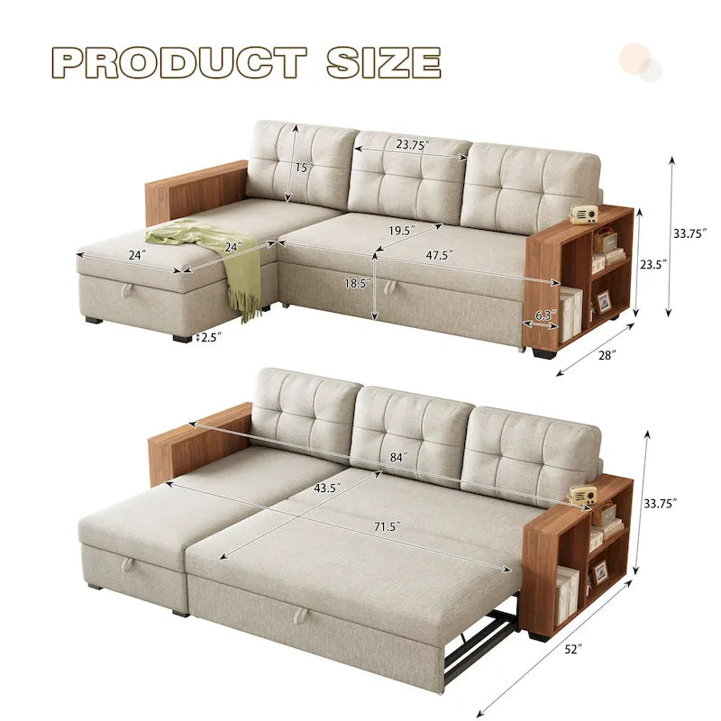 Sofá seccional convertible con cama extraíble y chaise longue con almacenaje oculto