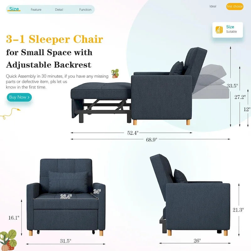 Sofá cama individual 3 en 1 AECOJOY con almohada y respaldo convertible
