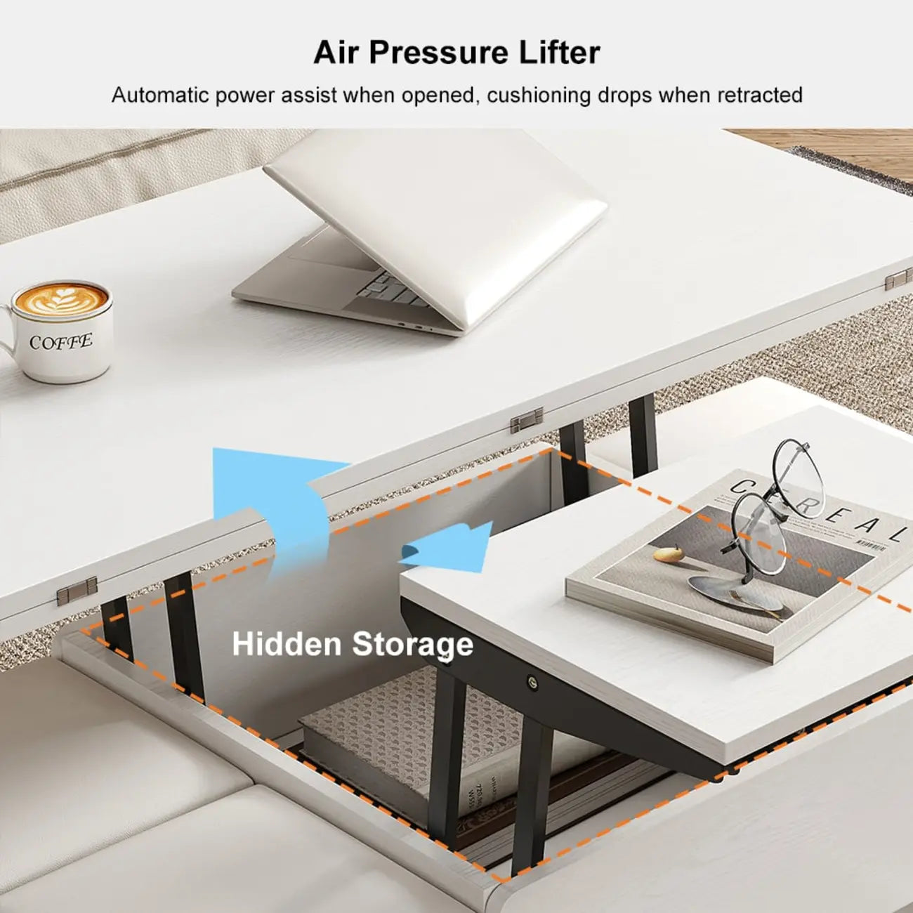 Mesa de centro elevable y plegable con 4 taburetes y almacenamiento