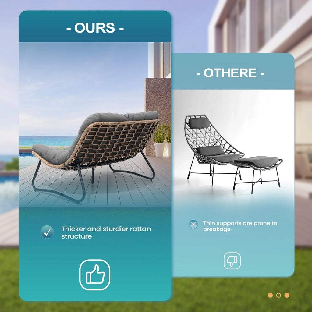 Sofá biplaza doble Papasan con cojín, ratán PE para todo tipo de clima y estructura metálica para interior/exterior