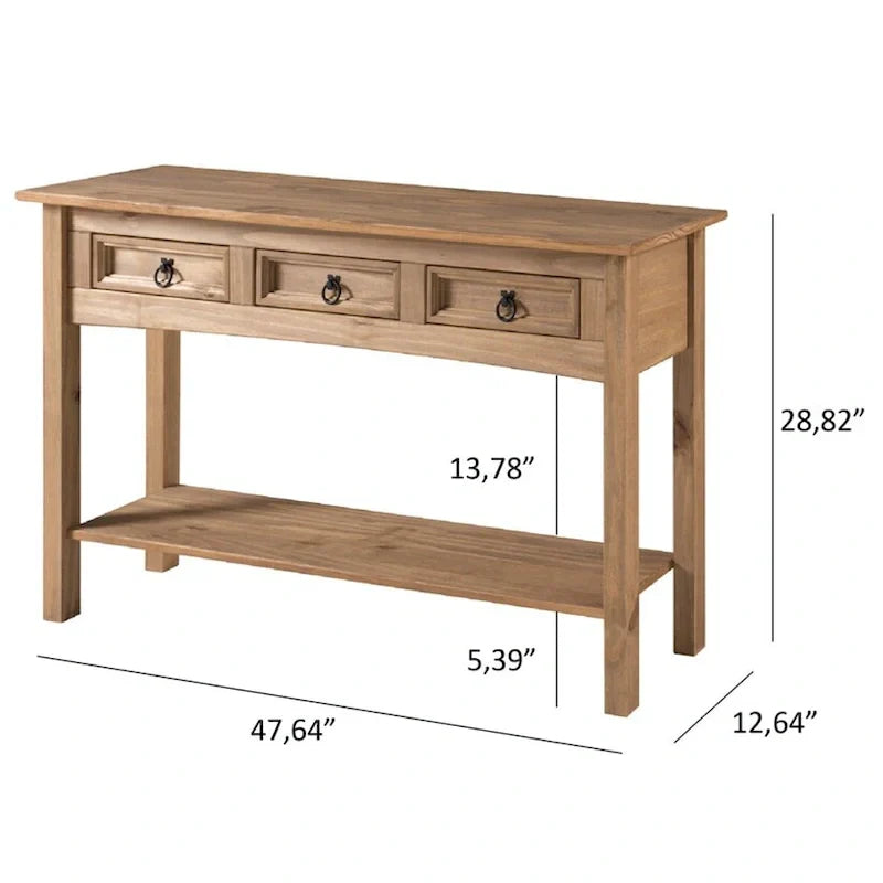 Mesa Consola de Pasillo Rústica de Pino Macizo, Blanqueado / Marrón Antiguo / Lavado Gris / Sin Pintar, 3 Cajones
