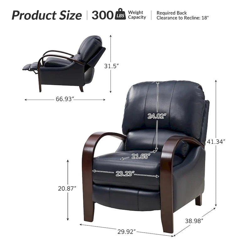 Sofá reclinable manual Alex Mid-century Modern Cigar de cuero genuino con brazos curvos de madera
