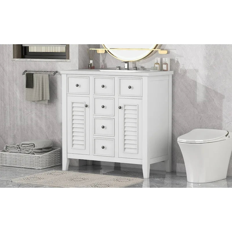 Mueble de baño con lavabo cerámico, dos armarios y cinco cajones