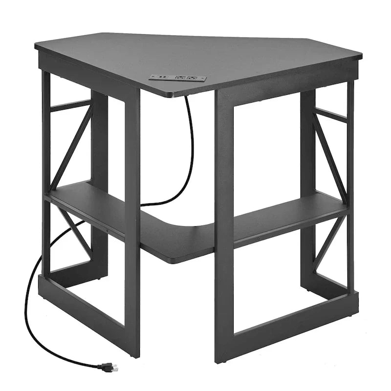 Escritorio de esquina, escritorio pequeño con enchufes, mesa de esquina para espacios pequeños, escritorio de computadora con puertos USB, escritorio triangular con almacenamiento