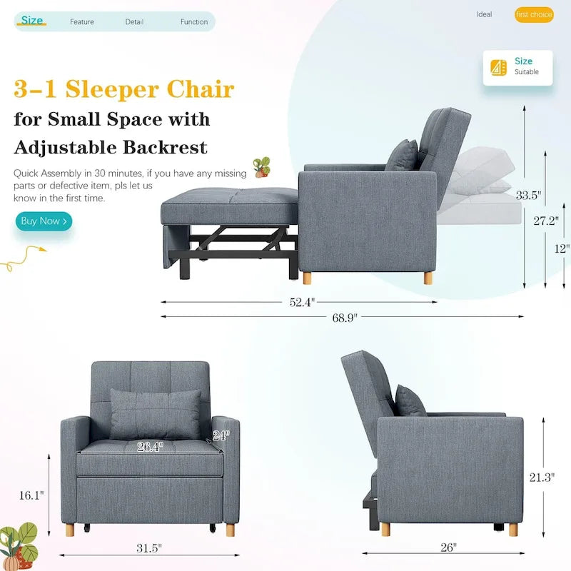 Sofá cama individual 3 en 1 AECOJOY con almohada y respaldo convertible