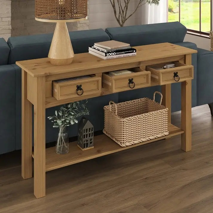 Mesa Consola de Pasillo Rústica de Pino Macizo, Blanqueado / Marrón Antiguo / Lavado Gris / Sin Pintar, 3 Cajones
