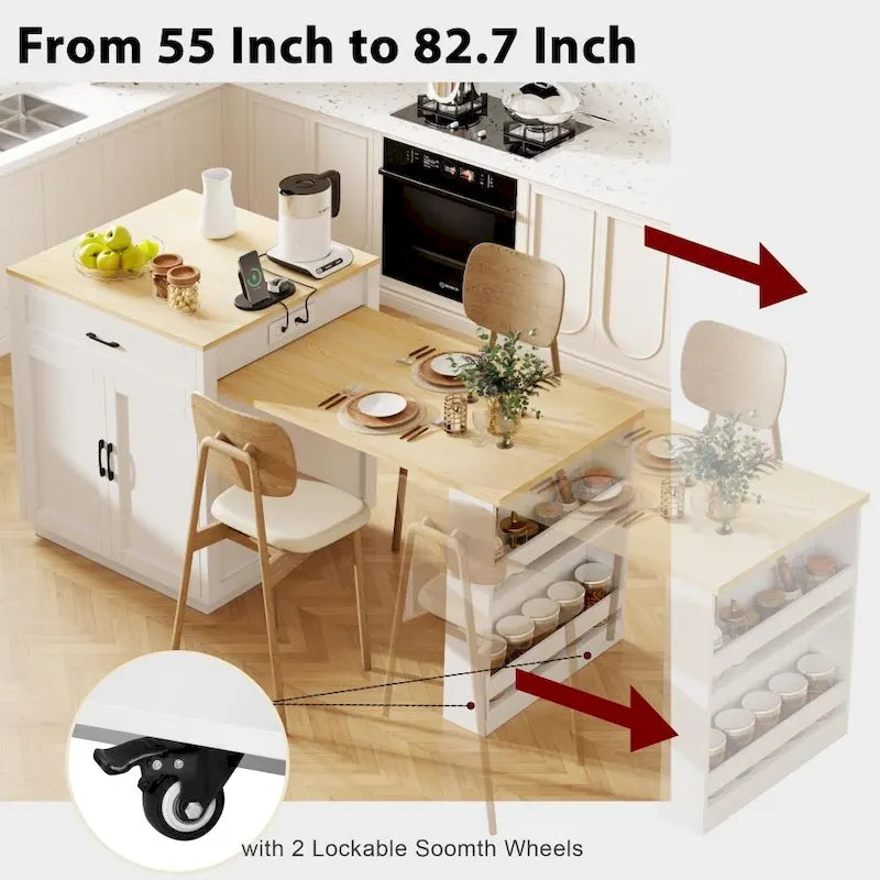 82.7 Isla de cocina de madera para 4-6 personas con mesa de comedor extensible y almacenamiento doble