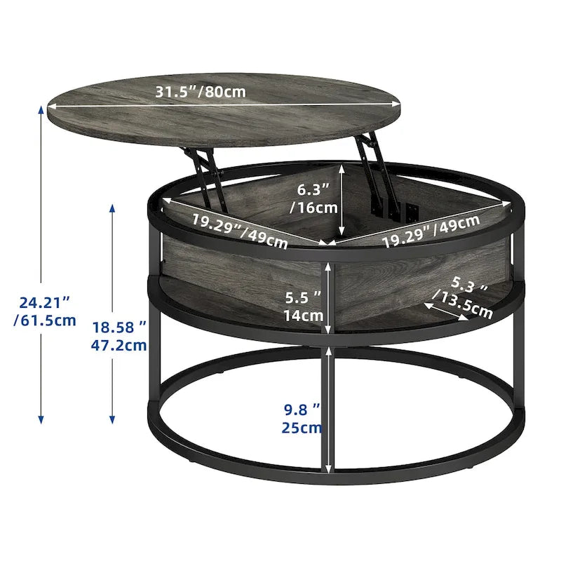 Mesa de centro redonda elevable extensible con almacenamiento oculto