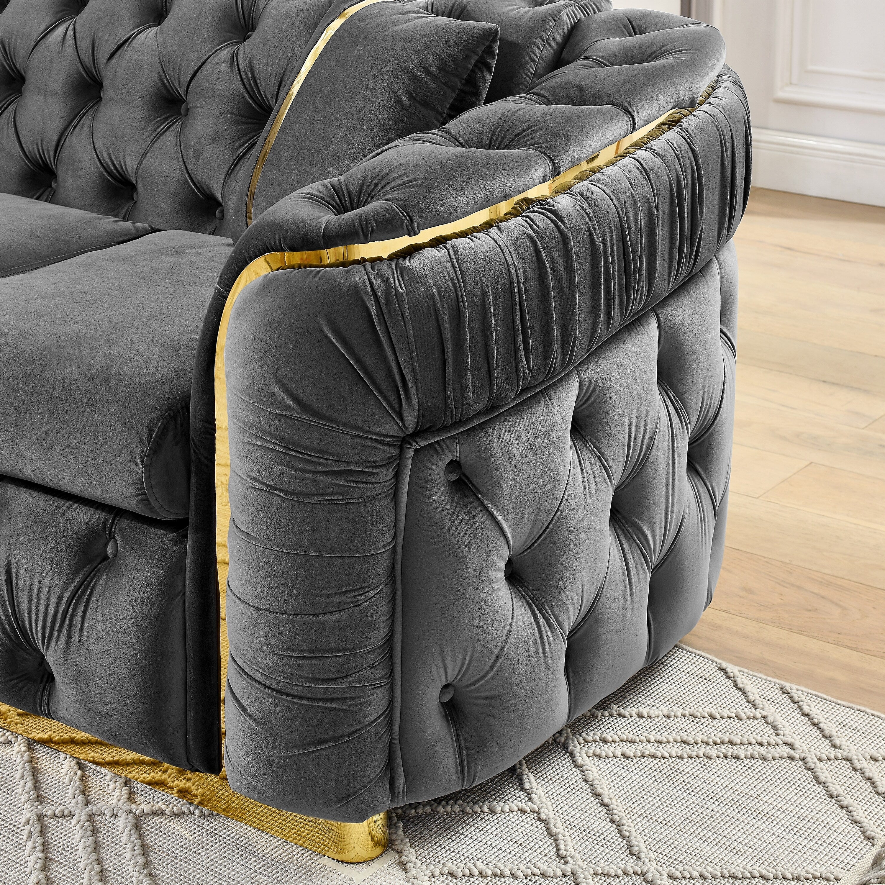 Sofá de 3 plazas Velvet de 90.6 con 2 cojines, cojines de alta densidad, detalles dorados y almohadas