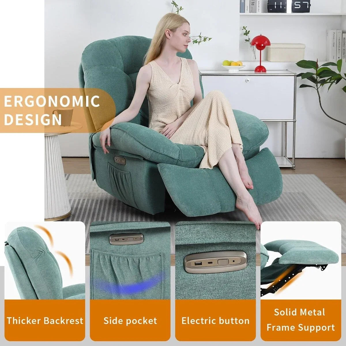 XINMICS Sillón Reclinable Eléctrico Giratorio, Sillones Reclinables Mecedora con Masaje y Calefacción, USB, USB-C y Bolsillo Lateral