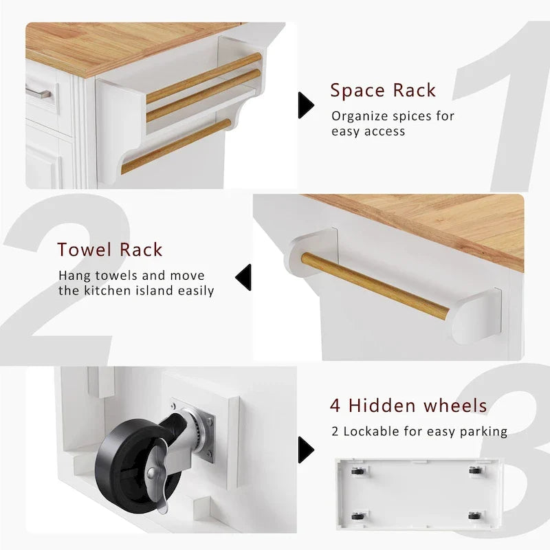 Isla de cocina grande con hoja abatible de madera, carrito de cocina con textura en relieve, puertas y cajones con almacenamiento para cocina, blanco