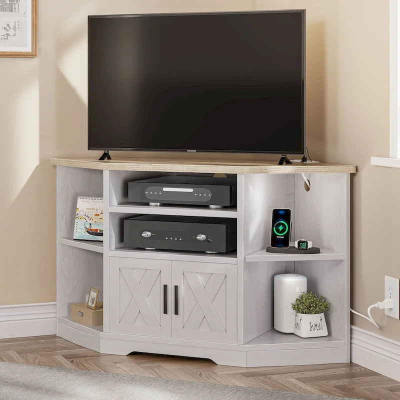 Mueble esquinero para TV estilo rústico, centro de entretenimiento y consola multimedia para televisores de hasta 55 pulgadas con toma de corriente