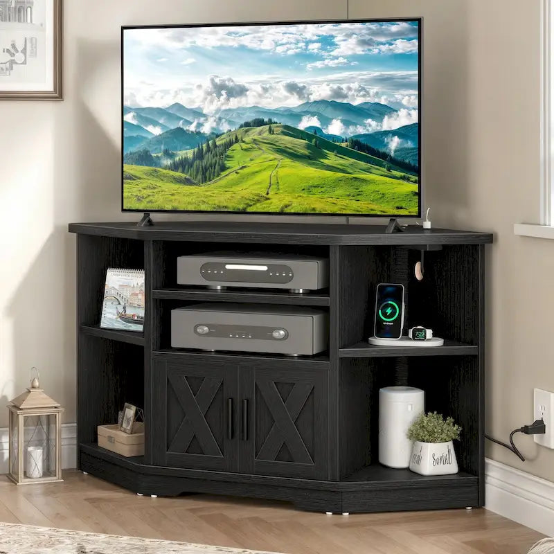 Mueble esquinero para TV estilo rústico, centro de entretenimiento y consola multimedia para televisores de hasta 55 pulgadas con toma de corriente