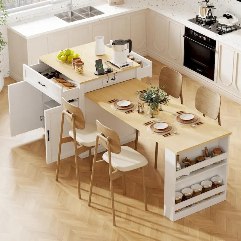 82.7 Isla de cocina de madera para 4-6 personas con mesa de comedor extensible y almacenamiento doble
