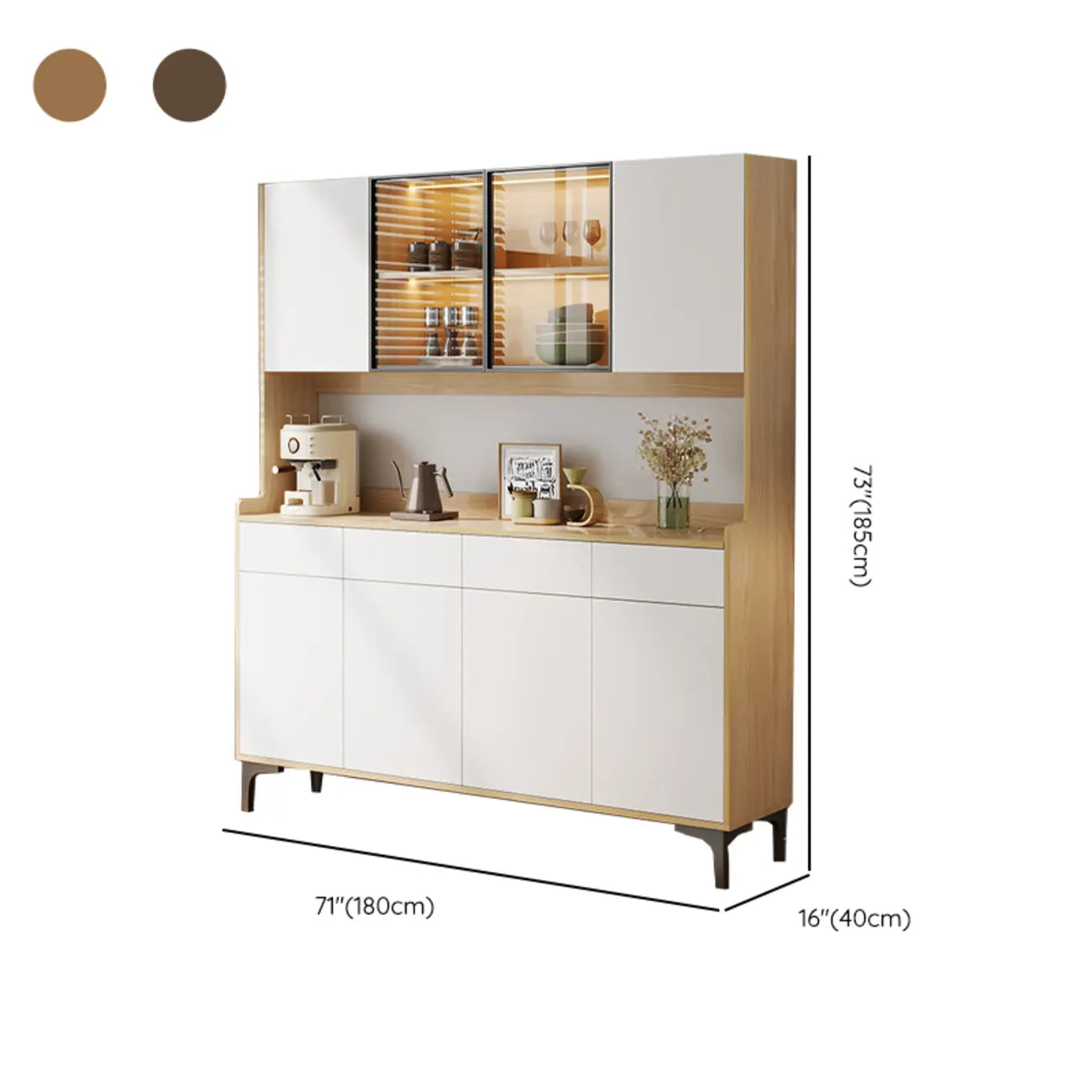 Aparador grande de madera con puertas de cristal y vitrina superior