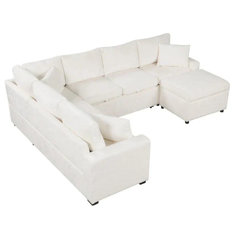 Sofá seccional de chenilla con sofá cama extraíble, sofá cama en forma de L con otomana de almacenamiento, 3 almohadas y dispositivos de carga