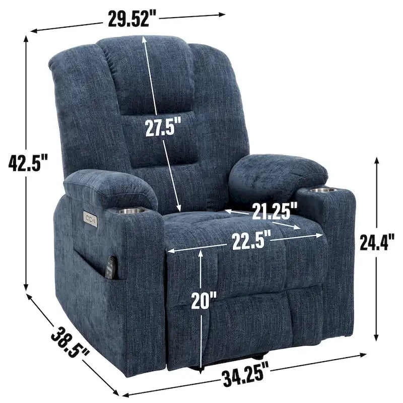 Sillón reclinable Power Lift con masaje y calor, reclinables anchos Lazy Boy extragrandes con USB, puertos tipo C y 2 portavasos de acero