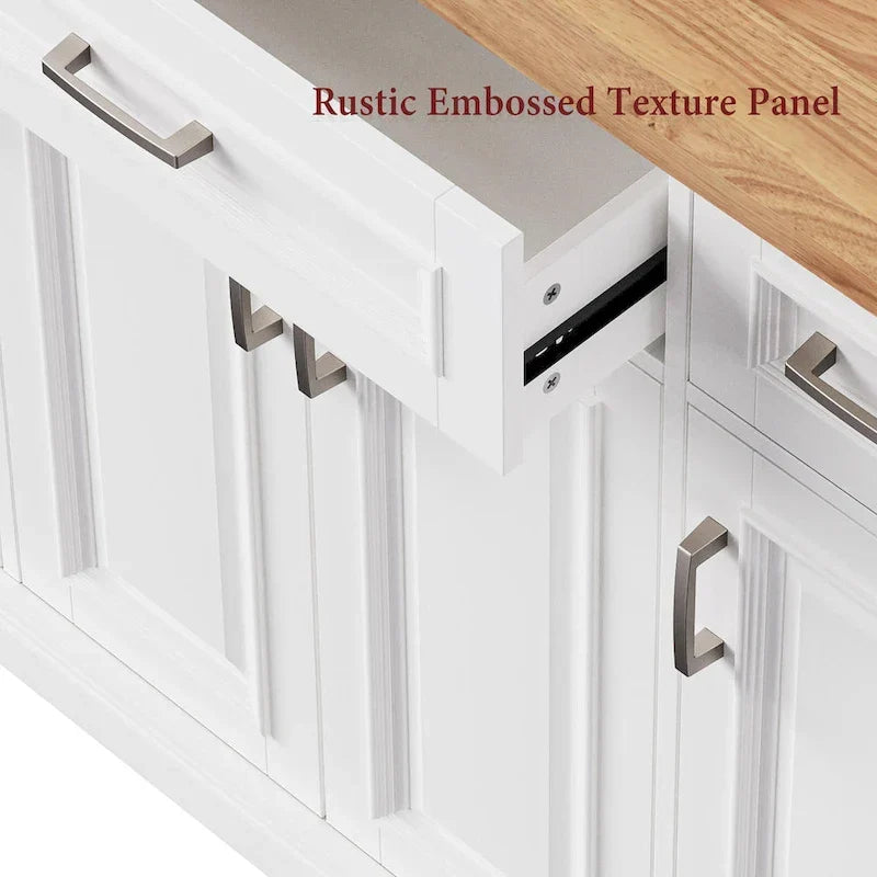 Isla de cocina grande con hoja abatible de madera, carrito de cocina con textura en relieve, puertas y cajones con almacenamiento para cocina, blanco