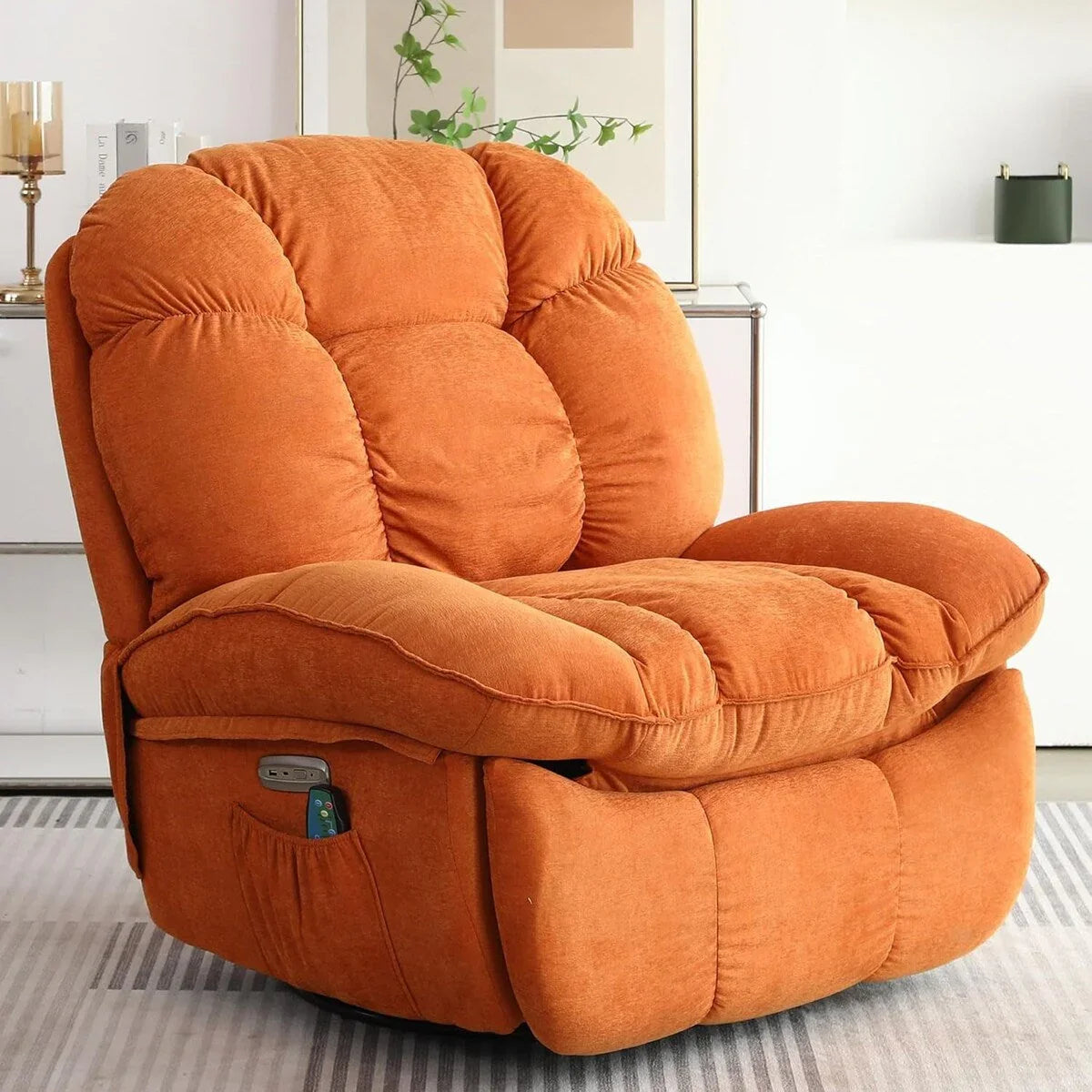XINMICS Sillón Reclinable Eléctrico Giratorio, Sillones Reclinables Mecedora con Masaje y Calefacción, USB, USB-C y Bolsillo Lateral
