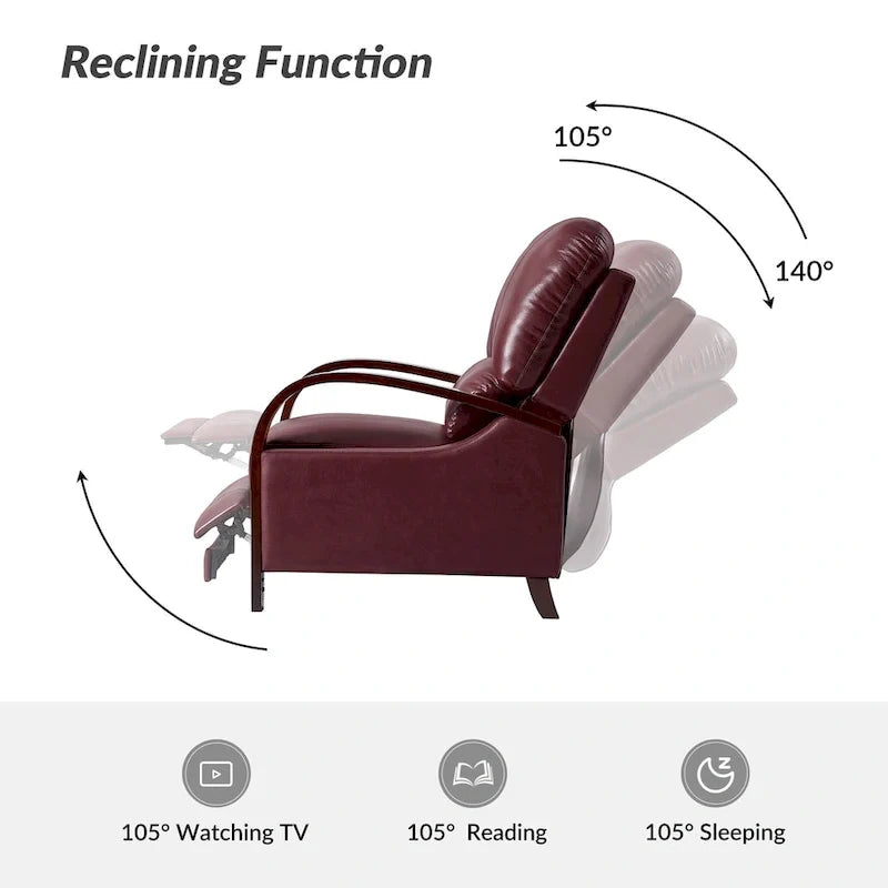 Sofá reclinable manual Alex Mid-century Modern Cigar de cuero genuino con brazos curvos de madera