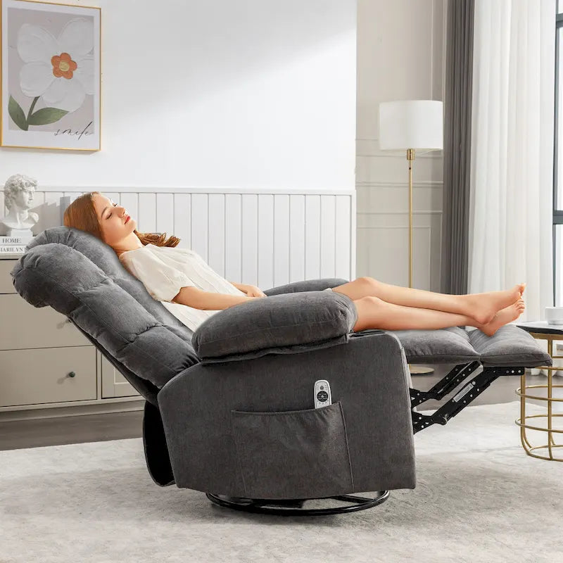Reclinable extragrande gris con calor y masaje, reclinación de 150°, balanceo de 30°, carga USB y 2 portavasos
