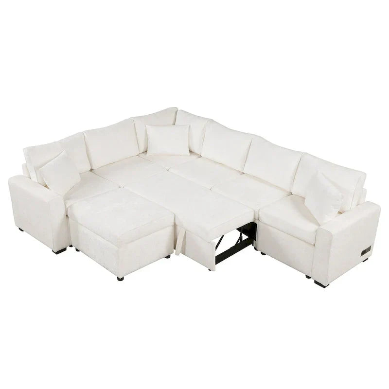 Sofá seccional de chenilla con sofá cama extraíble, sofá cama en forma de L con otomana de almacenamiento, 3 almohadas y dispositivos de carga