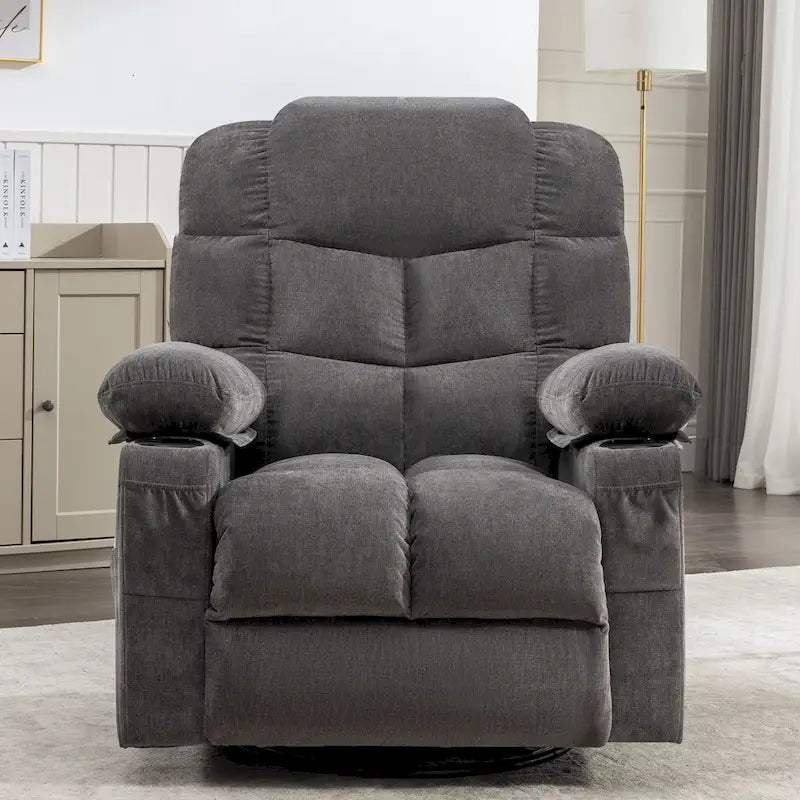 Reclinable extragrande gris con calor y masaje, reclinación de 150°, balanceo de 30°, carga USB y 2 portavasos