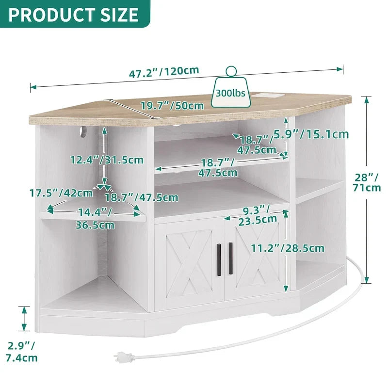 Mueble esquinero para TV estilo rústico, centro de entretenimiento y consola multimedia para televisores de hasta 55 pulgadas con toma de corriente