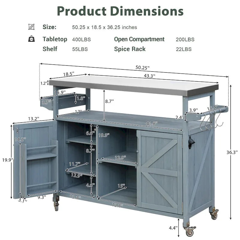 Isla de cocina exterior, carrito de bar con ruedas y armario de almacenamiento, mesa de parrilla de madera maciza con parte superior de acero inoxidable, especiero, toallero