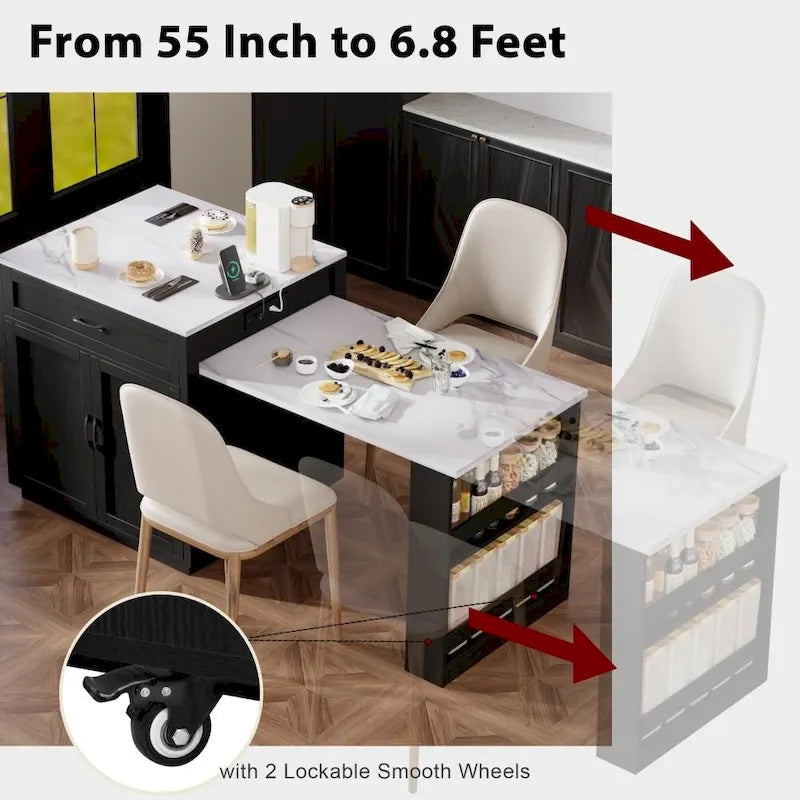 82.7 Isla de cocina de madera para 4-6 personas con mesa de comedor extensible y almacenamiento doble