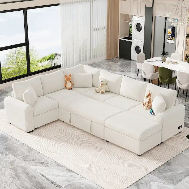 Sofá seccional de chenilla con sofá cama extraíble, sofá cama en forma de L con otomana de almacenamiento, 3 almohadas y dispositivos de carga