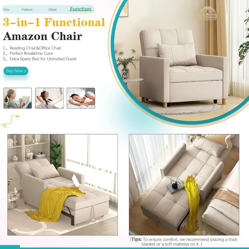 Sofá cama individual 3 en 1 AECOJOY con almohada y respaldo convertible