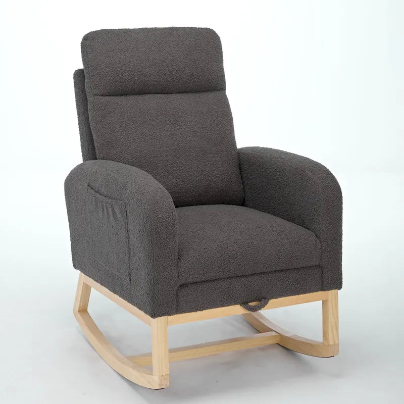 Moderna mecedora tapizada de respaldo alto de 29.5" con patas de madera maciza y reposapiés ajustable
