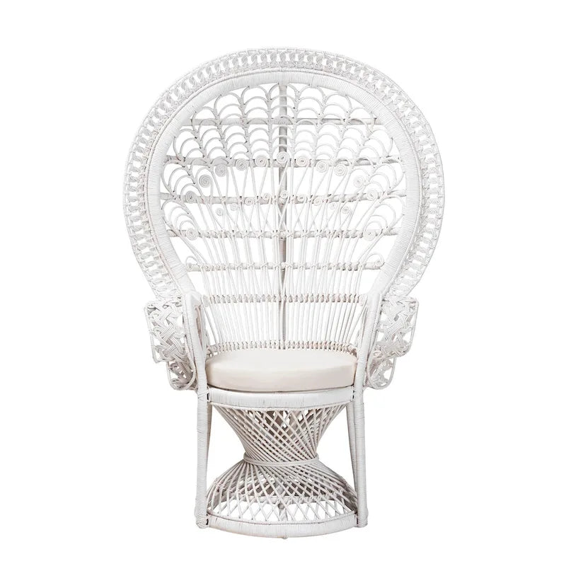Silla pavo real moderna de mimbre natural blanco bohemio