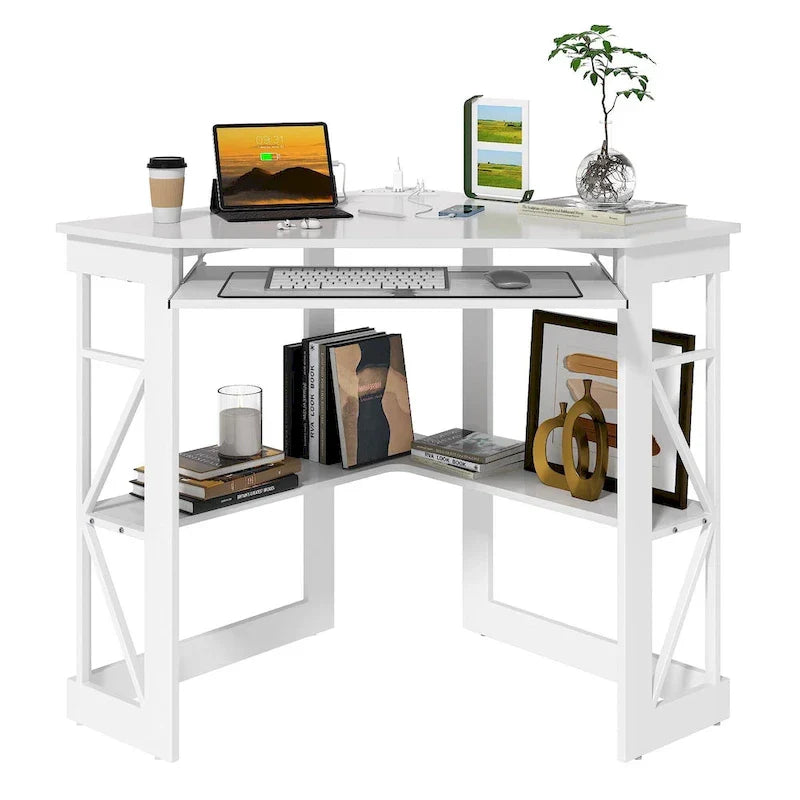 Escritorio de esquina, escritorio pequeño con enchufes, mesa de esquina para espacios pequeños, escritorio de computadora con puertos USB, escritorio triangular con almacenamiento