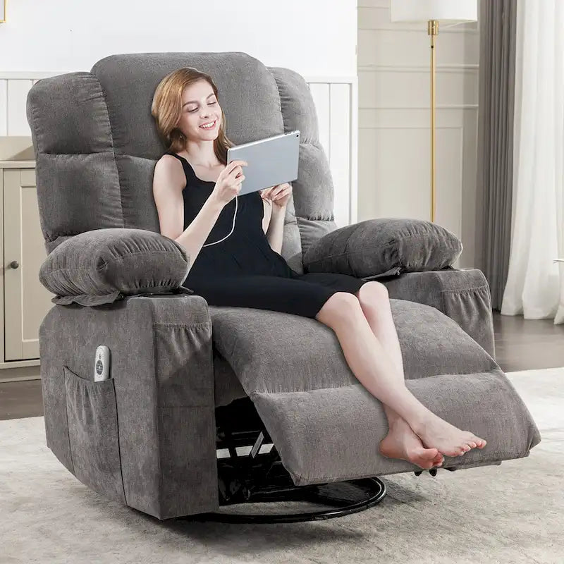 Reclinable extragrande gris con calor y masaje, reclinación de 150°, balanceo de 30°, carga USB y 2 portavasos