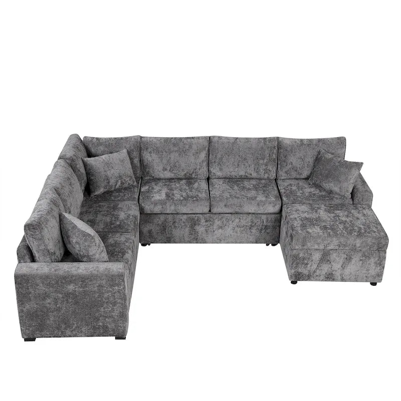 Sofá seccional de chenilla con sofá cama extraíble, sofá cama en forma de L con otomana de almacenamiento, 3 almohadas y dispositivos de carga