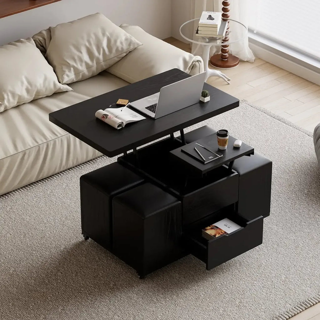 Mesa de centro elevable y plegable con 4 taburetes y almacenamiento