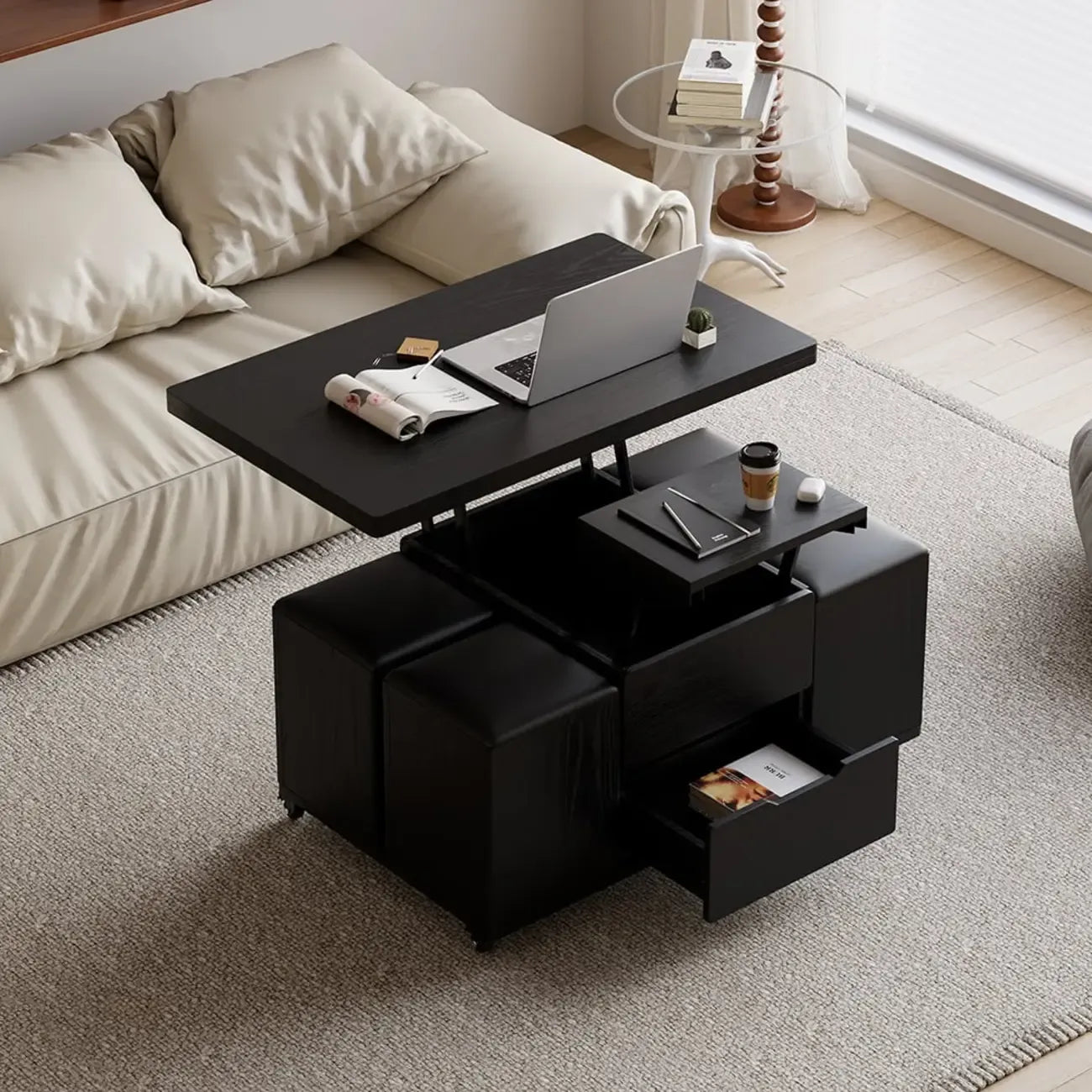 Mesa de centro elevable y plegable con 4 taburetes y almacenamiento