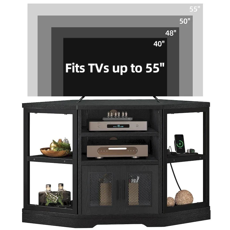 Mueble esquinero para TV estilo rústico, centro de entretenimiento y consola multimedia para televisores de hasta 55 pulgadas con toma de corriente