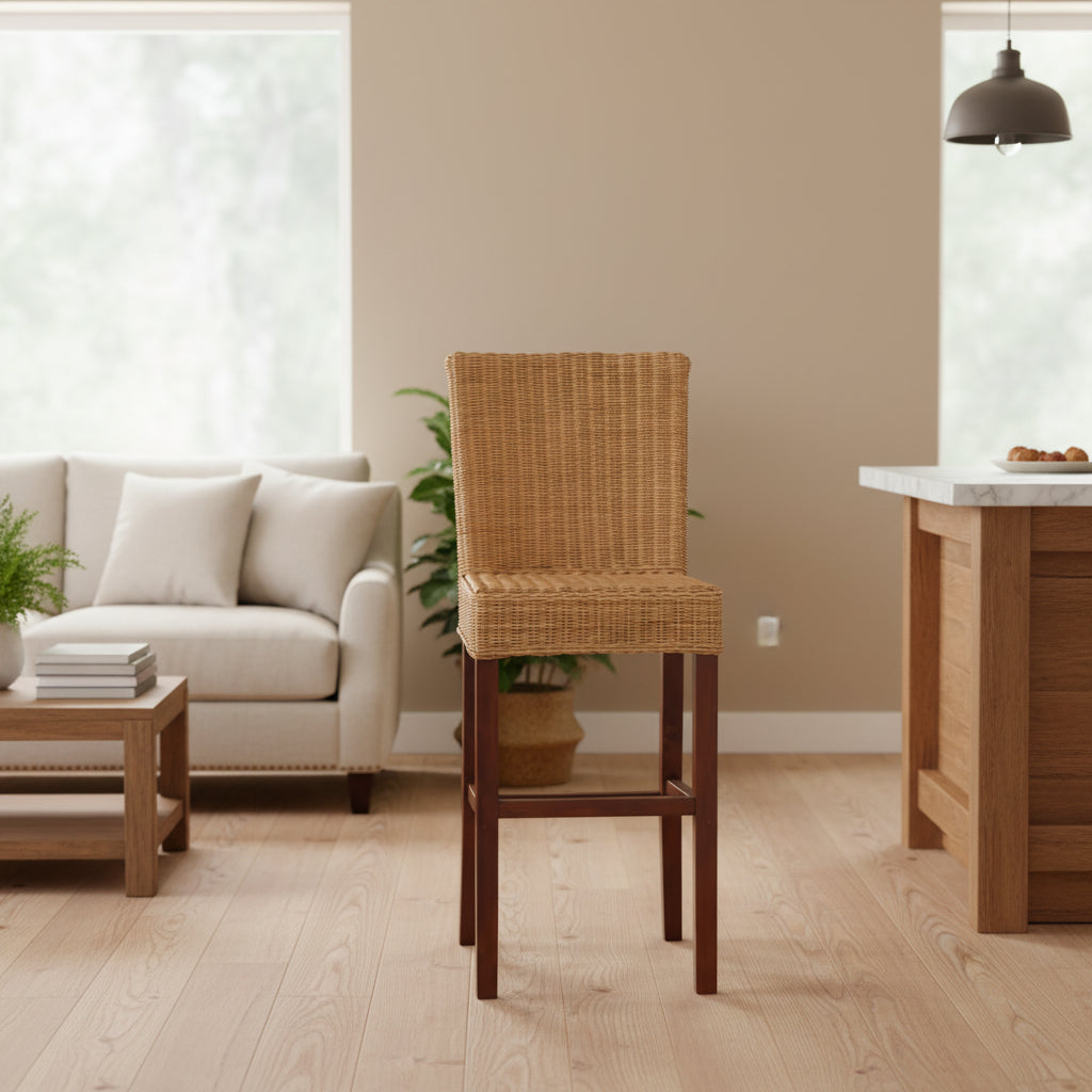 Racquel Natural Rattan & Mahogany Wood Barstool: Ergonomic, No Assembly - bali & pari