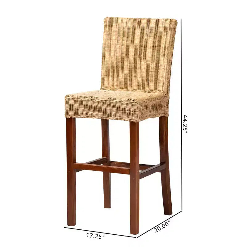 Sgabello da bar Racquel in rattan naturale e legno di mogano - Ergonomico, nessun assemblaggio richiesto
