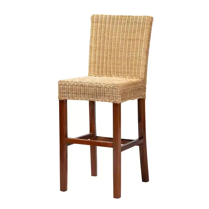Sgabello da bar Racquel in rattan naturale e legno di mogano - Ergonomico, nessun assemblaggio richiesto