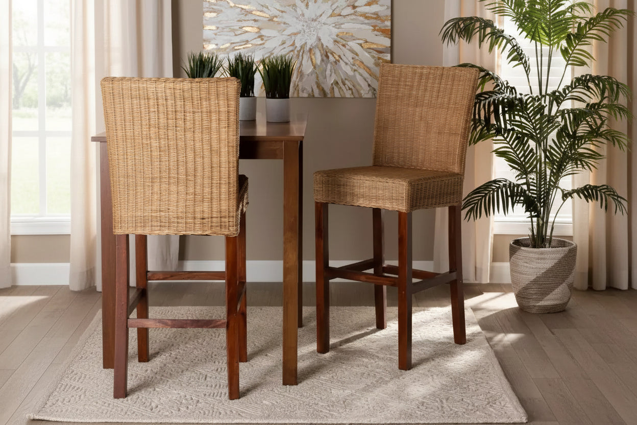 Sgabello da bar Racquel in rattan naturale e legno di mogano - Ergonomico, nessun assemblaggio richiesto