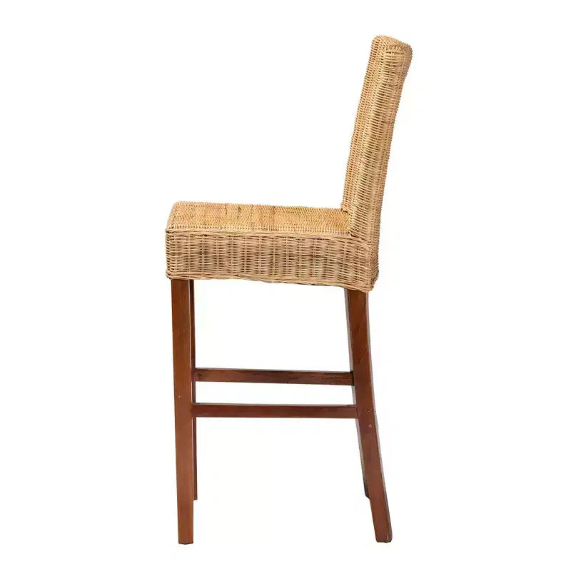 Sgabello da bar Racquel in rattan naturale e legno di mogano - Ergonomico, nessun assemblaggio richiesto