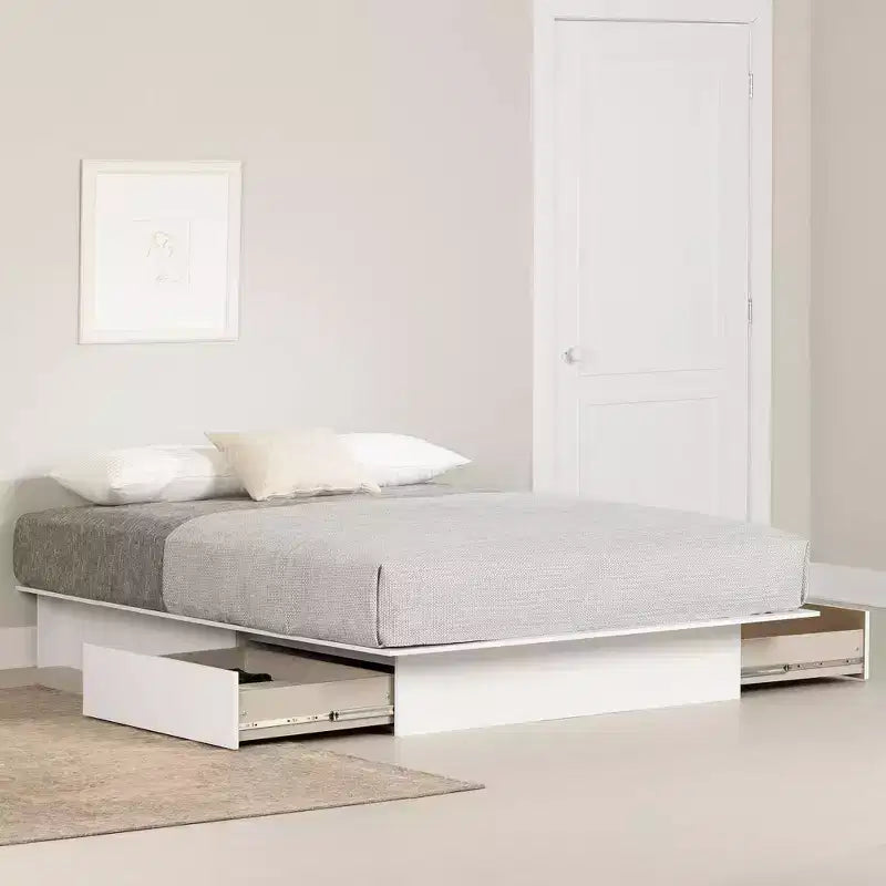 Letto Matrimoniale Fusion Queen con 2 Cassetti Contenitori - Bianco Puro, Stile Contemporaneo
