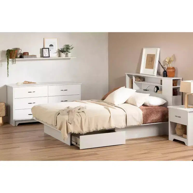 Letto Matrimoniale Fusion Queen con 2 Cassetti Contenitori - Bianco Puro, Stile Contemporaneo