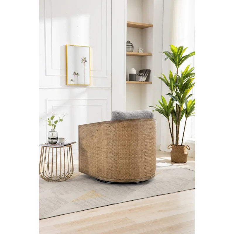 Sillón Giratorio de Barril, Cómodo Sillón Redondo Decorativo, Sillón Club Giratorio de Barril de 360 Grados, Sillón de Ocio con Estructura Tejida de Ratán