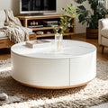 Mesa de centro redonda moderna blanca de madera con cajones tipo tambor