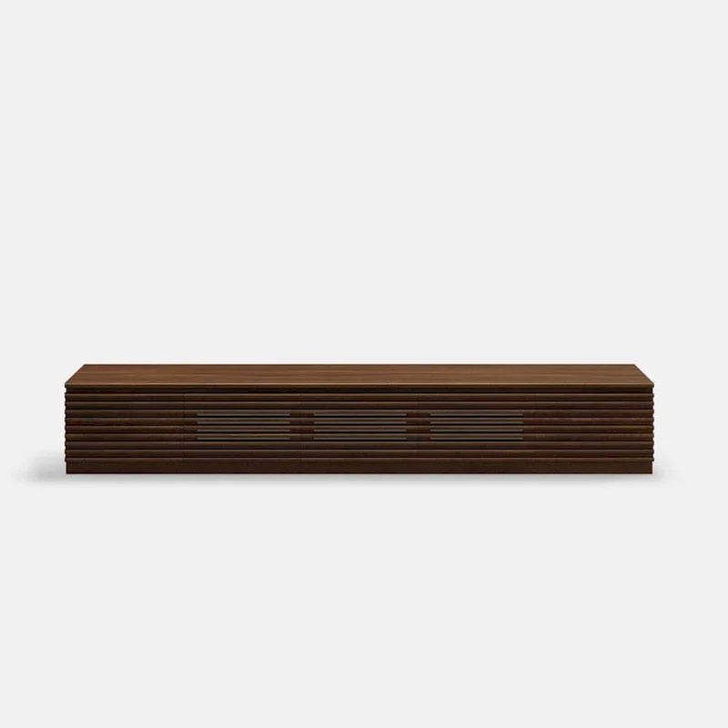 Mueble de TV Minimalista con CajonesMueble de TV de Madera Maciza con Armarios, Puerta Abatible, Chapa de Nogal, Completamente Ensamblado